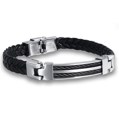 Victorious Leren Armband Heren – RVS Roestvrij Stalen Sluiting – Zwart – 23cm