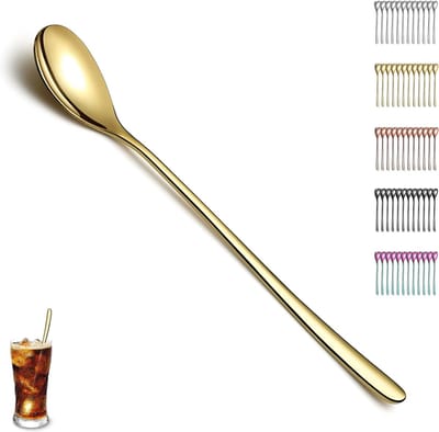 Gouden Latte Macchiato lepel set van 12 stuks, titanium plating gouden roestvrijstalen theelepel, roerstaaflepel, koffielepel, ijslepel, cocktaillepel