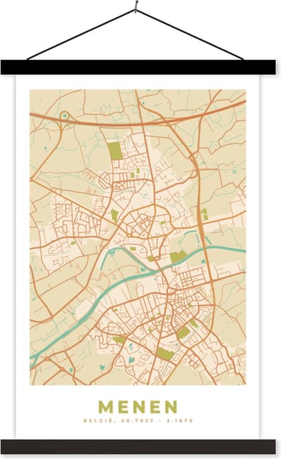 Posterhanger incl. Poster 40x60 cm - Schoolplaat - Vintage - Menen - Kaart - Stadskaart - Plattegrond - Textielposter - Zwarte latten - Stadskaart