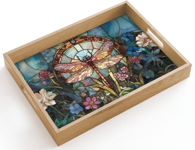 Dienblad hout 40x30 cm - Schootdienblad - Libelle - Mozaïek - Bloemen - Kleurrijk - Borrelplank rechthoek - Plateau dienbladen
