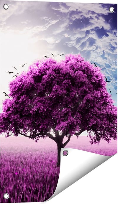 Gards Tuinposter Paarse Boom in het Paars Veld met Vogels - 40x60 cm - Tuindoek - Tuindecoratie - Wanddecoratie buiten - Tuinschilderij