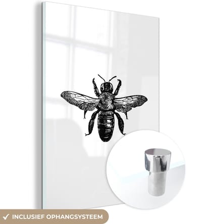 MuchoWow® Glasschilderij 30x40 cm - Schilderij acrylglas - Bij - Insect - Vintage - Zwart wit - Foto op glas - Schilderijen