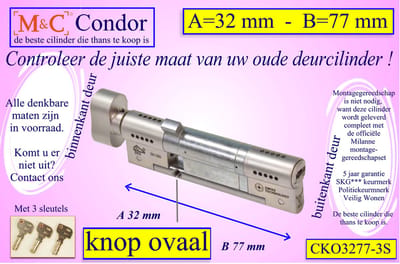 M&C Condor high security deurcilinder met Knop OVAAL 32x77 mm - SKG*** - Politiekeurmerk Veilig Wonen - inclusief gereedschap montageset