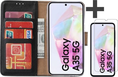 Hoesje met Screenprotector Geschikt voor Samsung Galaxy A35 – Arara bookcase met pasjeshouder - Zwart