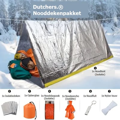 Dutchers.® Nooddekenpakket - * - Set van 8 Benodigdheden - Noodsituaties - Inclusief Multifunctionele Overlevingsarmband - Noodfluitje - Noodtent - Isolatie Poncho - Isolatiedeken - Reddingsdeken - Overlevingspakket - Survivalset