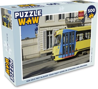 Puzzel Een gele met blauwe tram rijdt door de straten van Brussel - Legpuzzel - Puzzel 500 stukjes