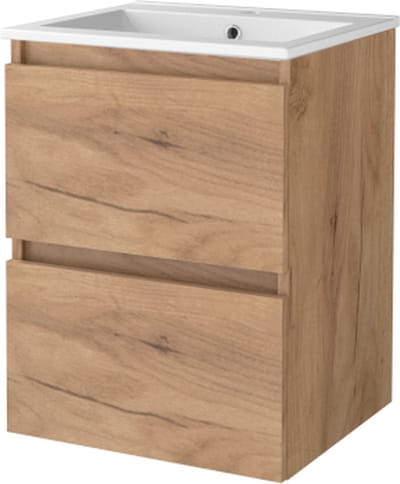 Basic Start 46 badmeubelset met greeploze wastafelonderkast met 2 lades en porseleinen wastafel met 1 kraangat 50 x 46 cm, whisky oak