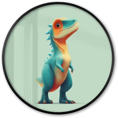 Poster in lijst Rond - Fotolijst 60x60 cm - Posters - Cartoon - Dino - Oranje - Stekels - Ronde posterlijst zwart - Decoratie - Wanddecoratie woonkamer - Muurdecoratie slaapkamer