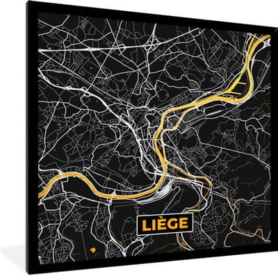 Fotolijst incl. Poster - Kaart - Goud - Liège - Stadskaart - Plattegrond - 40x40 cm - Posterlijst