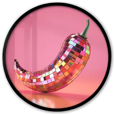 Poster in lijst Rond - Fotolijst 40x40 cm - Posters - Peper - Disco - Rood - Glitter - Ronde posterlijst zwart - Decoratie - Wanddecoratie woonkamer - Muurdecoratie slaapkamer