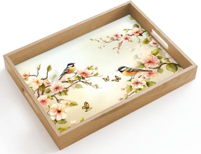 Dienblad hout 40x30 cm - Schootdienblad - Takken - Bloemen - Vogeltjes - Roze - Borrelplank rechthoek - Plateau dienbladen