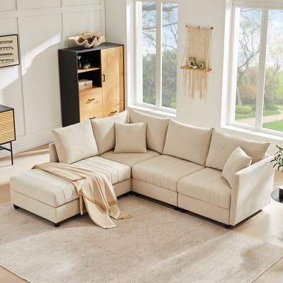 Modulaire Bank, 5-Zitsbank, Moderne Hoekbank, met Ombouwbare Voetenbank, L-vormige Bank, U-vormige Bank, Geschikt voor Woonkamer, Appartement, etc.- Beige