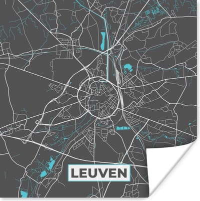 Poster België – Leuven – Stadskaart – Kaart – Blauw – Plattegrond - 100x100 cm XXL