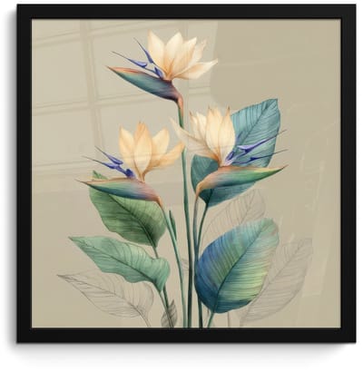 Poster in lijst - Fotolijst 40x40 cm - Posters - Paradijsvogelbloemen - Blauwgroene bladeren - Beige - Posterlijst zwart - Decoratie - Wanddecoratie woonkamer - Muurdecoratie slaapkamer