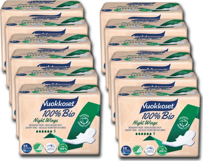 Vuokkoset 100% Bio - Nacht Maandverband met Vleugels - 12 x 9 stuks - Biologisch - Nachtbescherming - Milieubewust - Absorberend