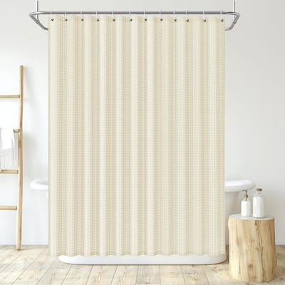 180 x 200 cm, Wafelstof-douchegordijn, wasbaar textiel, polyester stoffen douchegordijn met 12 douchegordijnringen, beige
