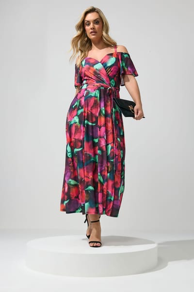 Yours London Maxijurk Met Abstracte Bloemenprint En Blote Schouders Size 42