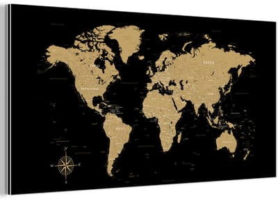 Aluminium schilderij 160x80 cm - Wanddecoratie metaal - Wereldkaart - Beige - Zwart - Metalen muurdecoratie woonkamer - Decoratie industrieel - Foto op dibond - Industriële accessoires slaapkamer