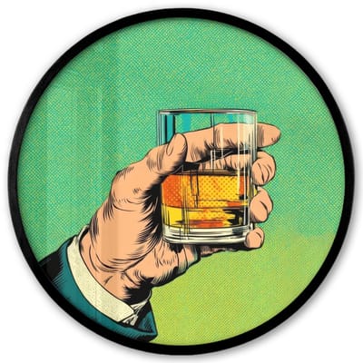 Poster in lijst Rond - Fotolijst 40x40 cm - Posters - Whisky - Glas - Hand - Groen - Ronde posterlijst zwart - Decoratie - Wanddecoratie woonkamer - Muurdecoratie slaapkamer
