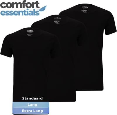 Comfort Essentials - T Shirts Heren - Extra Lang - Zwart M - 3 Pack -Ronde Hals - Ondershirt Heren