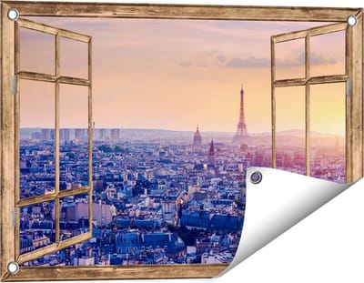 Gards Tuinposter Doorkijk Skyline van Parijs tijdens Zonsondergang - 60x40 cm - Tuindoek - Tuindecoratie - Wanddecoratie buiten - Tuinschilderij