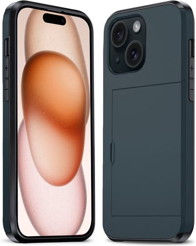 Hoesje Geschikt voor iPhone 15 Hoesje Pasjeshouder Shockproof Hard Case - Hoesje Geschikt voor iPhone 15 Hoes Met Kaarthouder - Donkerblauw