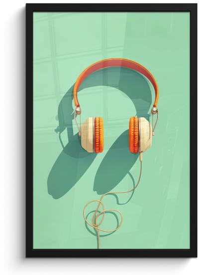 Poster in lijst - Fotolijst 40x60 cm - Posters - Koptelefoon - Oranje - Snoer - Minimalistisch - Posterlijst zwart - Decoratie - Wanddecoratie woonkamer - Muurdecoratie slaapkamer - Kerstversiering - Kerstdecoratie voor binnen - Kerstmis
