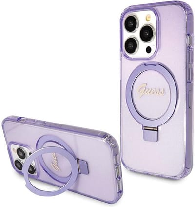 GUESS Ring Stand Script Glitter MagSafe case for iPhone 13 Pro / 13 - purple