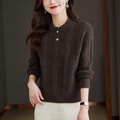 T-shirt de base décontracté pour femmes, haut court ample, pull à col rond, pull tricoté d'automne et d'hiver 2XL café