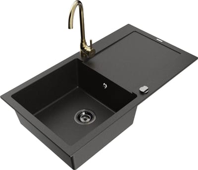 Mexen Leo granieten spoelbak 1-komorige met afdruiprek en keukenkraan Telma, zwart/goud metallic - 6501-75-670200-50-B