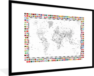 Poster in lijst - Fotolijst 120x80 cm - Posters - Wereldkaart - Zwart - Wit - Vlag - Posterlijst zwart - Decoratie - Wanddecoratie woonkamer - Muurdecoratie slaapkamer