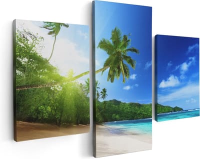 Artaza Canvas Schilderij Drieluik Strand Tijdens Zonsondergang In Seychellen - 90x60 - Foto Op Canvas - Canvas Print