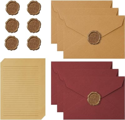 Vintage Briefpapier Set van 22 Enveloppen met 10 A5 Gelijnd Papier, 6 Linnen Enveloppen en 6 Waszegels voor Uitnodigingen en Liefdesbrieven