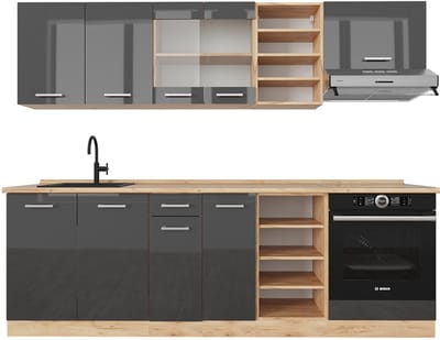 Vicco R-Line Complete keukeneenheid – 240 cm, WB Eik Antraciet hoogglans/goud eiken