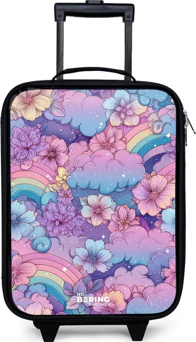 NoBoringSuitcases.com® - Kinderkoffer jongen - Kindertrolley meisje - Illustratie van wolken, regenbogen en bloemen - Koffer kind lichtgewicht - Reiskoffer trolley voor kinderen - Koffertje met lichtgevende wieltjes - Rolkoffer zwart