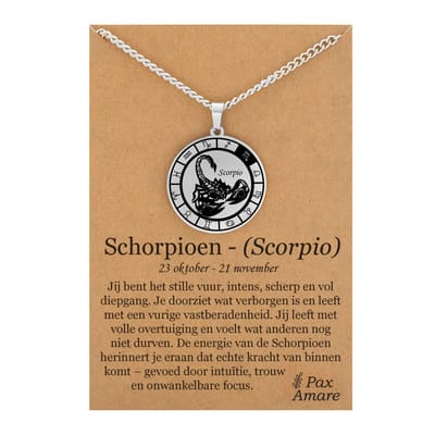 Sterrenbeeld Schorpioen (Scorpio) Ketting op Cadeau Kaartje - Zilverkleurig - Roestvrij Staal Zodiac Talisman - Stainless Steel - 60cm - Pax Amare