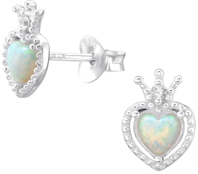 Joy|S - Zilveren hartje oorbellen - met kroontje - 7 x 9.5 mm - synt opaal wit - zirkonia
