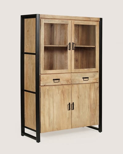 Vitrinekast 115 cm Mangohout – 4 Glazen Deuren en 2 Lades – Industrieel