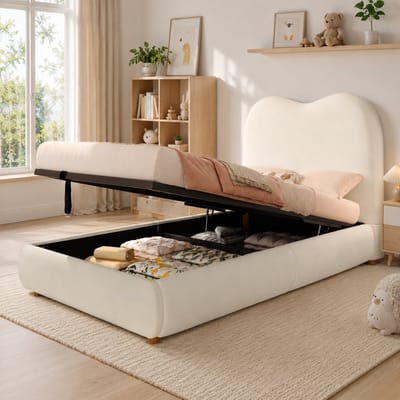 Kinderbed 90x200 cm - Eenpersoonsbed 90x200 cm - Gestoffeerd bed - Opbergbed - hydraulisch bed - Hoofdbord met zachte bekleding - Houten Lattenbodem - Met Opbergruimte - Eenvoudige Montage - Beige