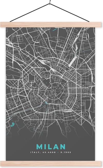 Posterhanger incl. Poster 40x60 cm - Schoolplaat - Milaan - Blauw - Kaart - Stadskaart - Plattegrond - Textielposter - Blanke latten - Stadskaart