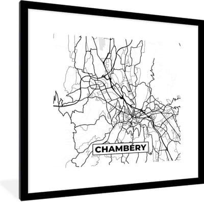 Fotolijst incl. Poster Zwart Wit- Plattegrond - Chambéry - Kaart - Frankrijk - Stadskaart - Zwart wit - 40x40 cm - Posterlijst