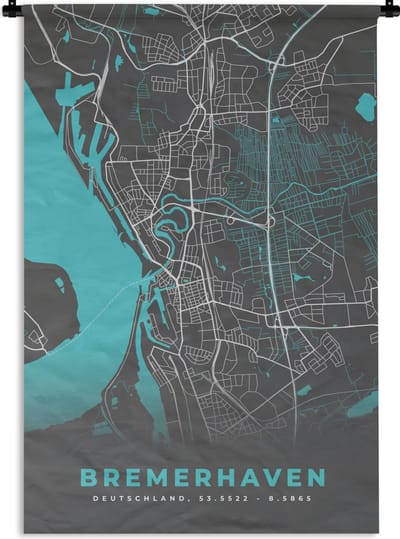 Wandkleed - Wanddoek - Blauw – Duitsland – Plattegrond – Stadskaart – Kaart – Bremerhaven - 120x180 cm - Wandtapijt