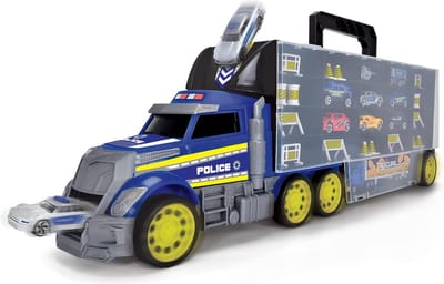 Dickie Toys Politie Transporter - speelgoed politie vrachtwagen incl. 9 auto's, voor het opbergen van 42 speelgoedauto's, incl. accessoires, met oprijplaat, politieauto voor kinderen vanaf 3 jaar