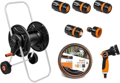 Tuinslang Trolley - Slanghouder Set - Water Geven - Compleet met spuitpistool - 60 Meter Capaciteit - Zwart Oranje