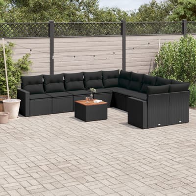 vidaXL - 11-delige - Loungeset - met - kussens - poly - rattan - zwart