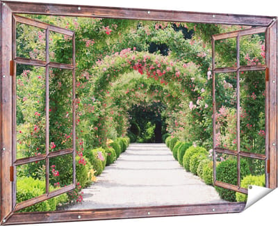 Gards Tuinposter Doorkijk Rozenbogen Tunnel - 180x120 cm - Tuindoek - Tuindecoratie - Wanddecoratie buiten - Tuinschilderij