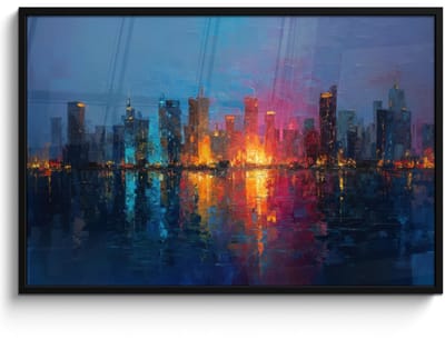Poster in lijst - Fotolijst 120x80 cm - Posters - Skyline - Penseelstreken - Donkerblauw - Lichtgevend - Posterlijst zwart - Decoratie - Wanddecoratie woonkamer - Muurdecoratie slaapkamer