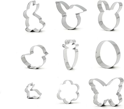 9-delige set koekjesuitsteekvormen voor Pasen - metalen uitstekers voor konijn, wortel, vlinder, bloem en ei decoratie