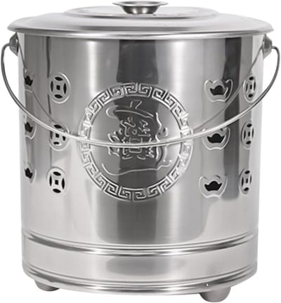 Roestvrijstalen Brandton - Veilige Vuuremmer - Afval Verwerken - Met Deksel Vuurhaak - 28 x 29 x 28 cm - Zilver