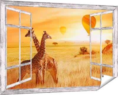 Gards Tuinposter Doorkijk Twee Giraffen met Twee Oranje Luchtballonnen - 150x100 cm - Tuindoek - Tuindecoratie - Wanddecoratie buiten - Tuinschilderij